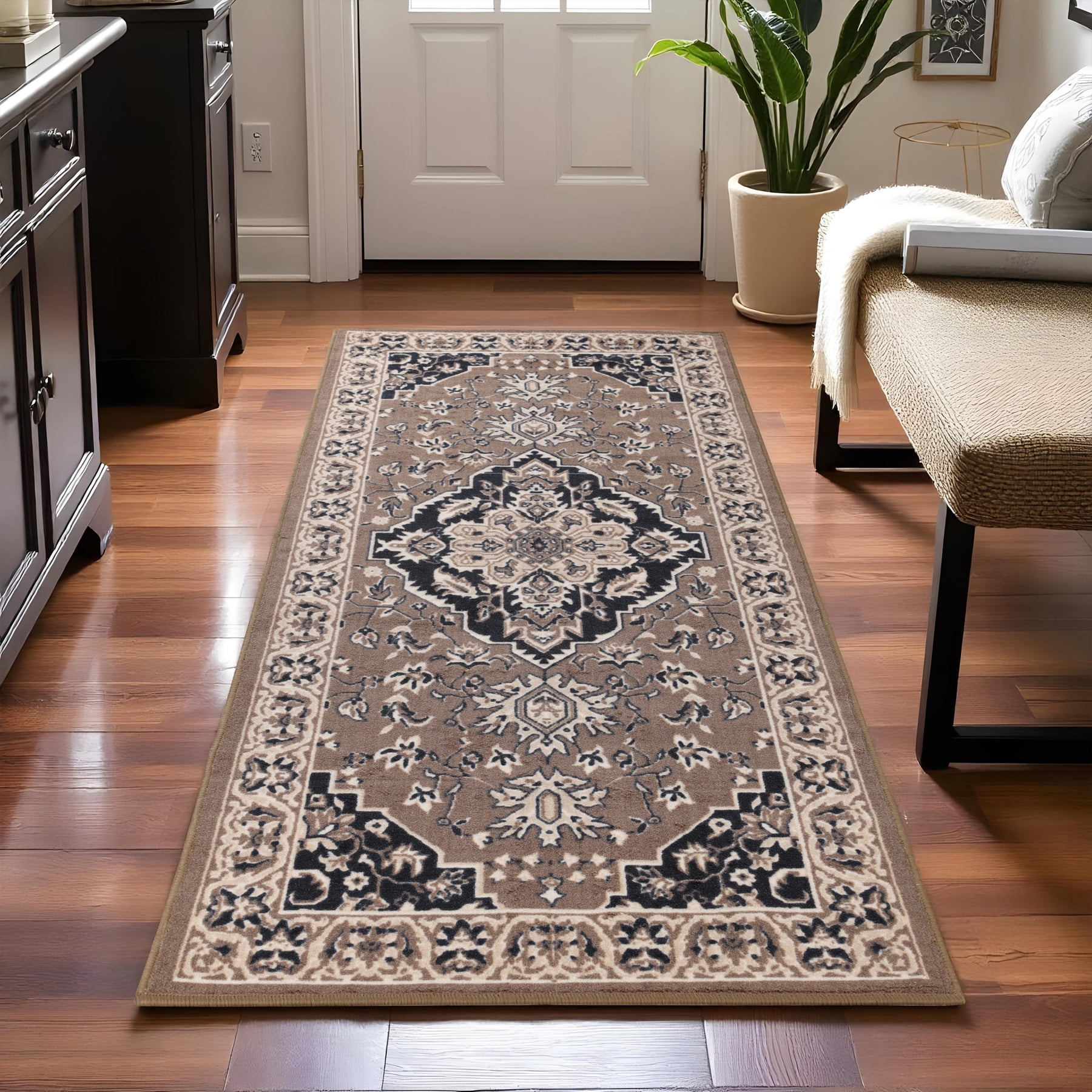Brown Floral Medallion Machine Made Runner Rug, 2' 7" x 6'