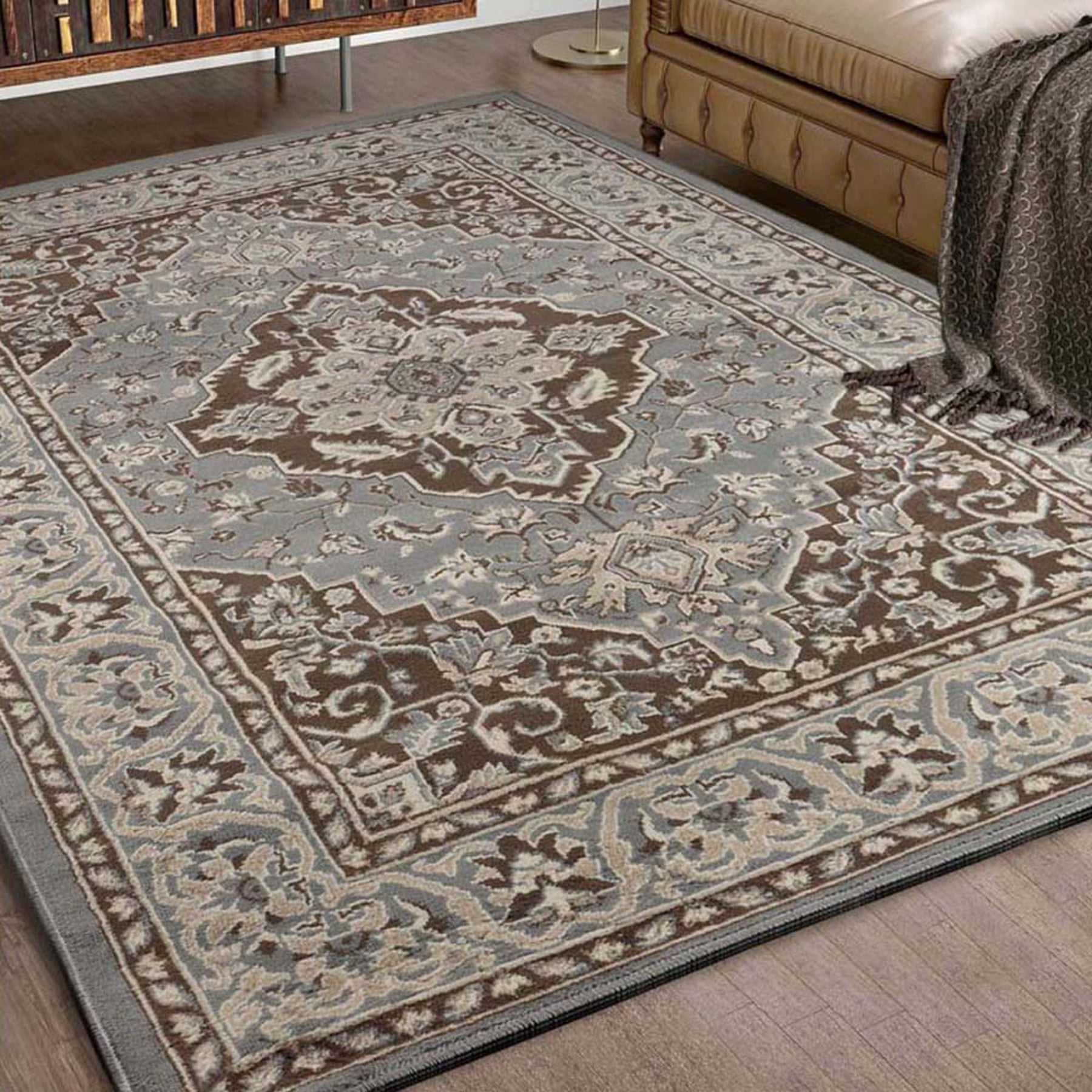 Gray Round Medallion Floral Scroll Synthetic Rug