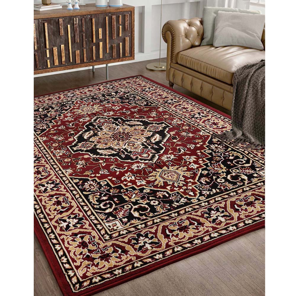 Red Low Pile Synthetic Rectangular Area Rug, 5' x 8'