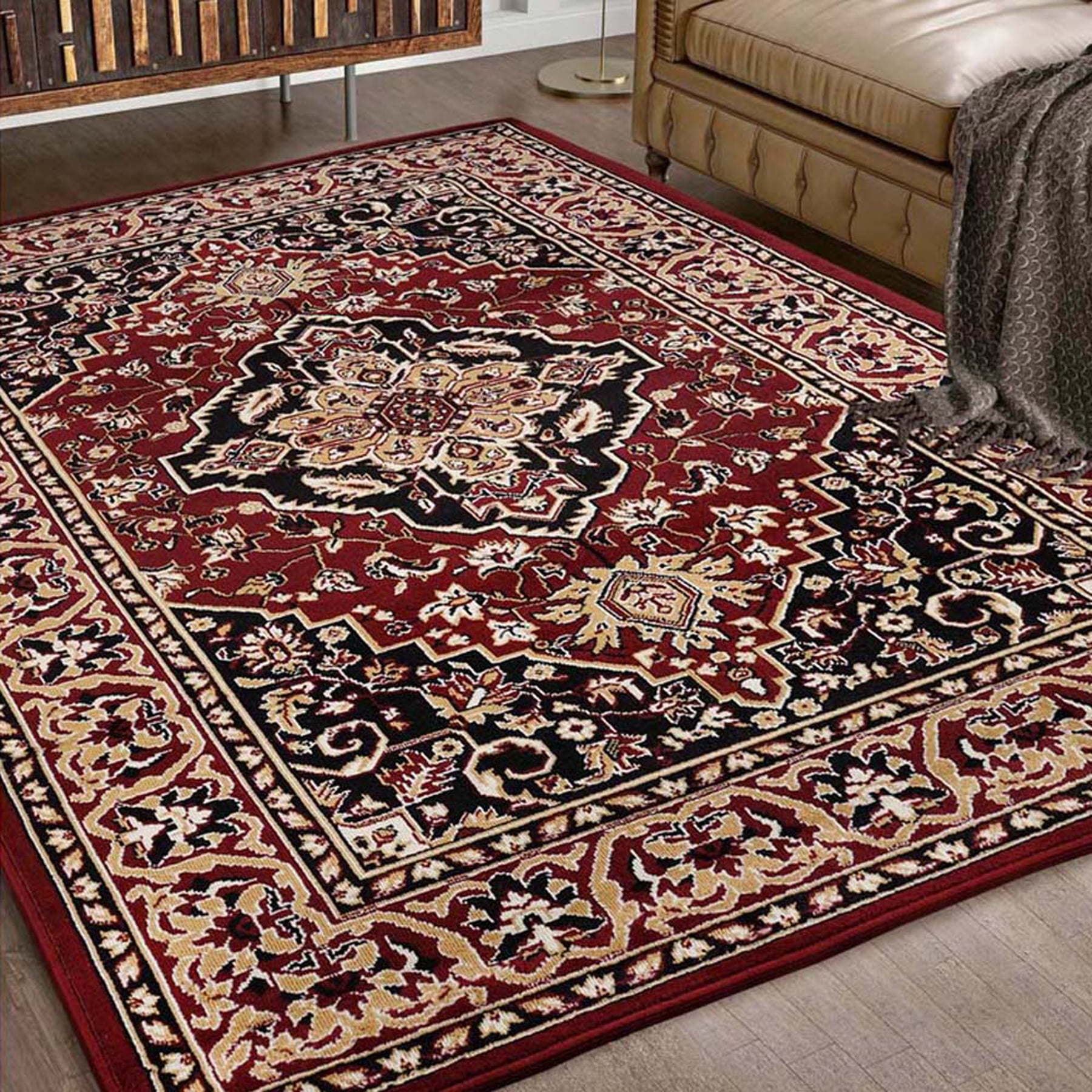 Red Low Pile Synthetic Rectangular Area Rug, 5' x 8'