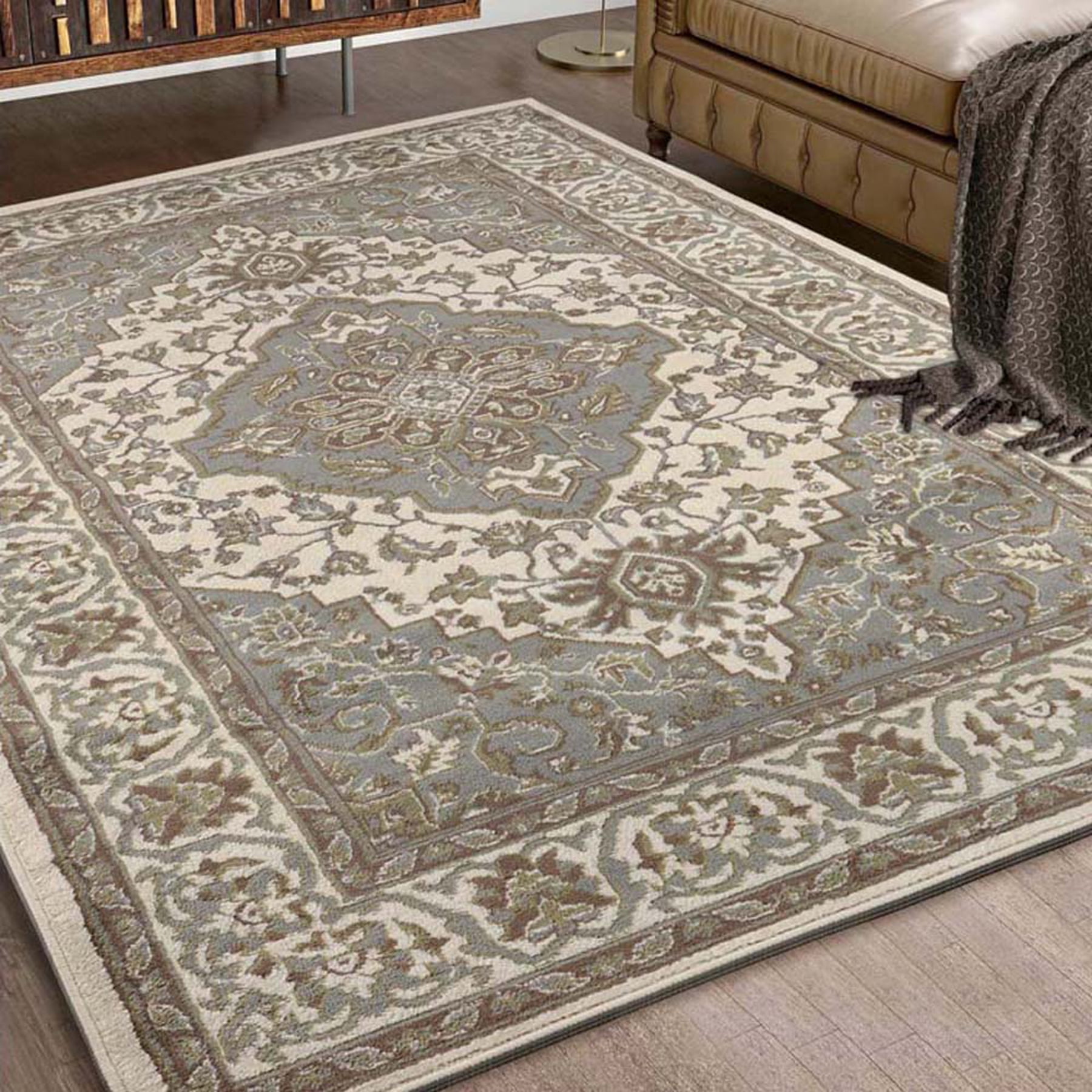 Green and Beige Medallion Synthetic Stain-Resistant Area Rug