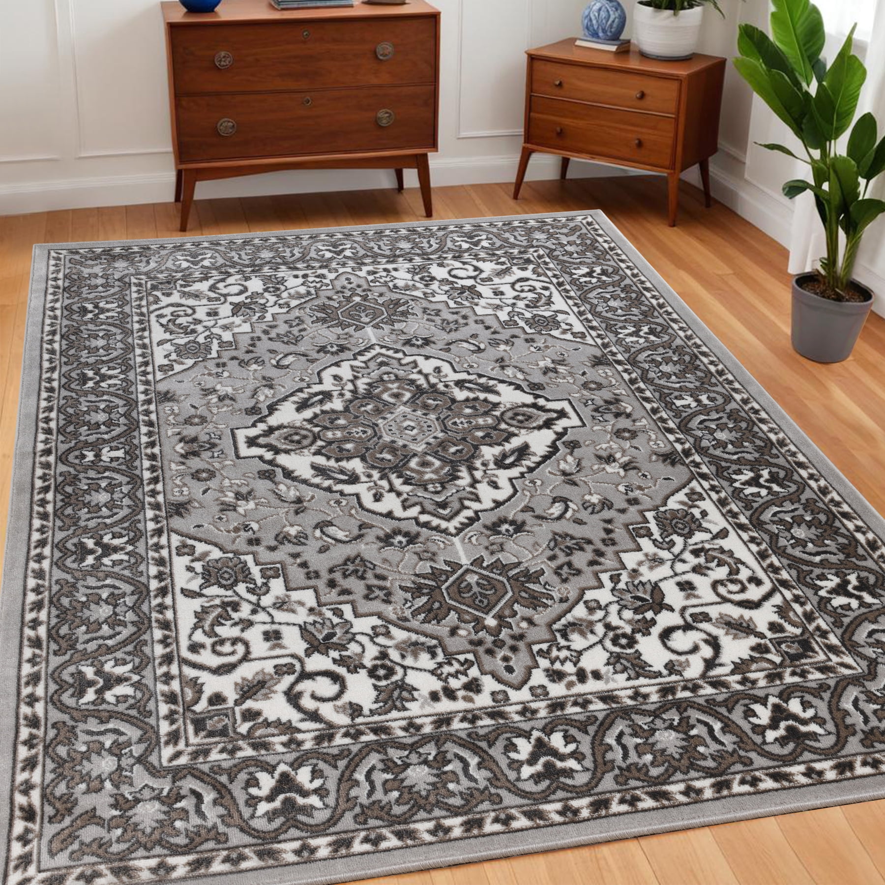 Rivulet Gray and White Synthetic Medallion Area Rug, 8' x 10'