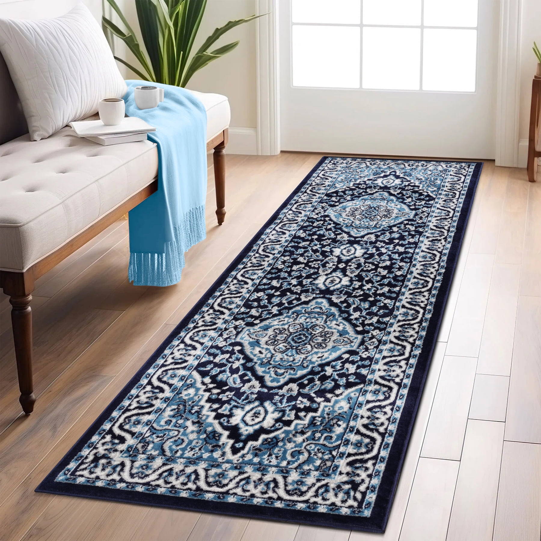 Superior Glendale Oriental Medallion Indoor Runner Rug, 2'7"x12', Blue