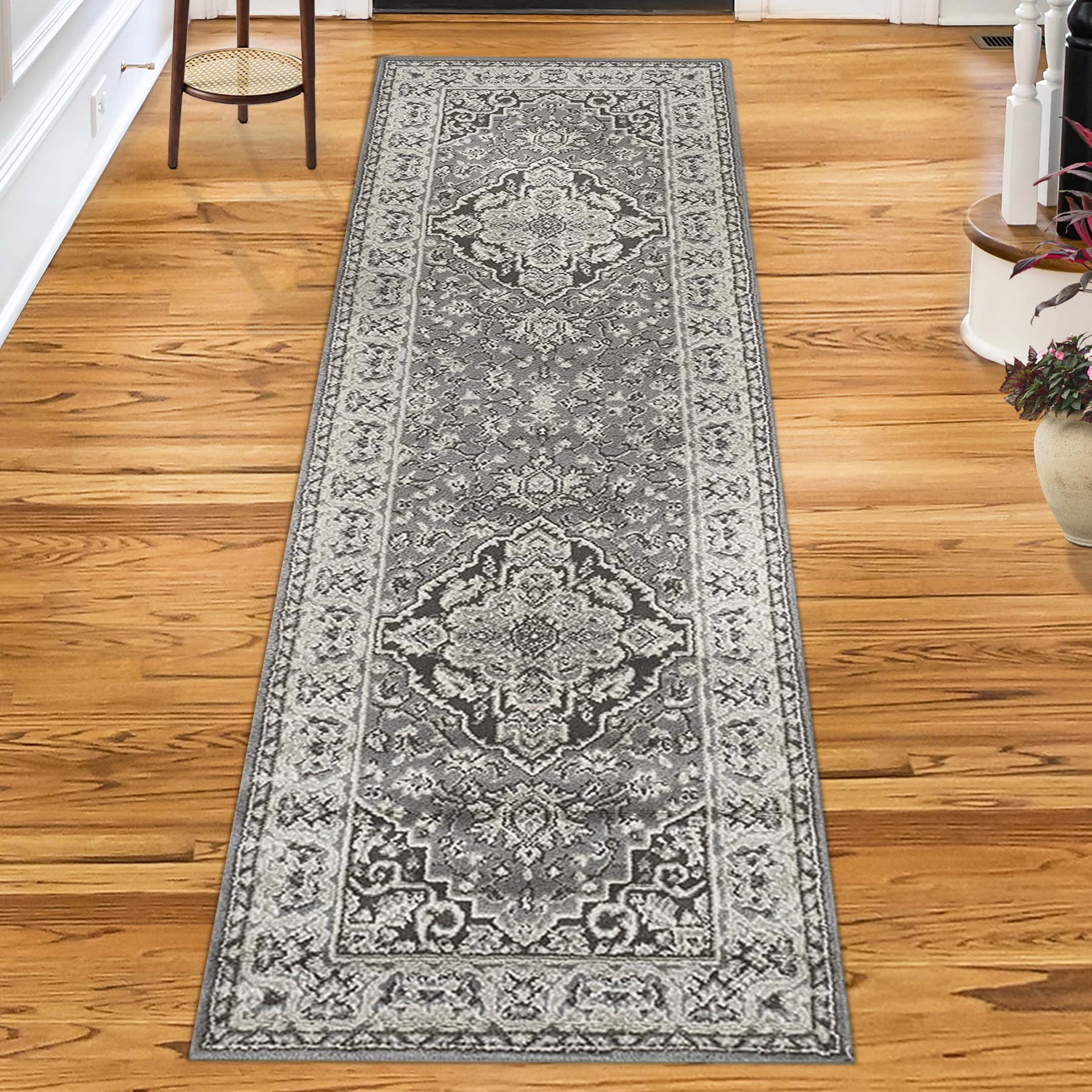 Elegant Gray Synthetic 96"L x 31"W Runner Rug for Indoor Use