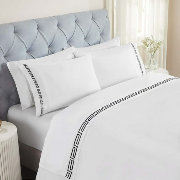 Superior Harrison Embroidered Cotton Bed Sheet Set, Twin, White/Black