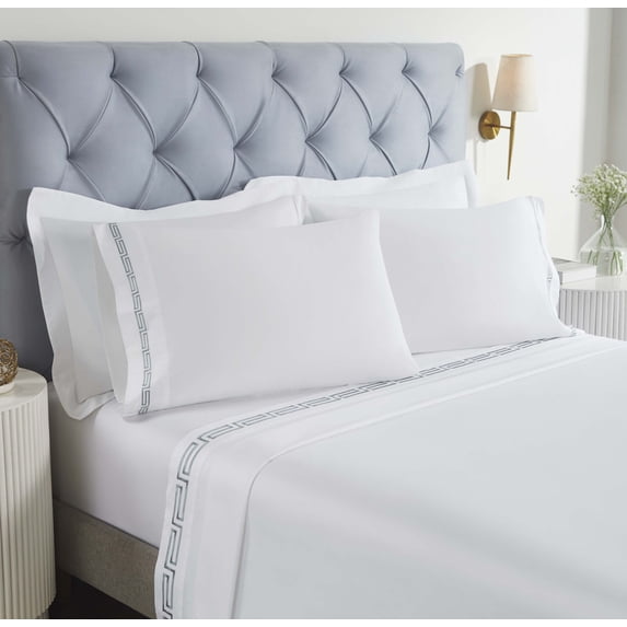 Superior Harrison Embroidered Cotton Bed Sheet Set, Twin, White/Silver