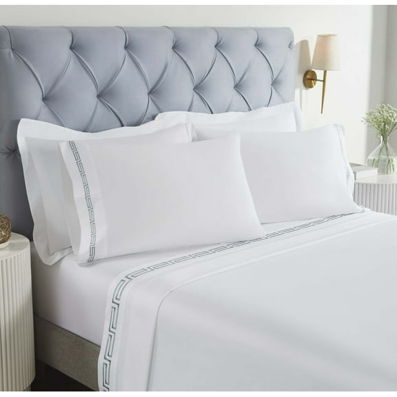 Superior Harrison Embroidered Cotton Bed Sheet Set, Twin, White/Silver