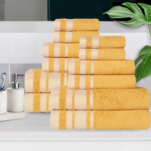 Superior Hays 12 Piece Cotton Plush Towel Set, Ultra Soft Absobent Towels, Gold
