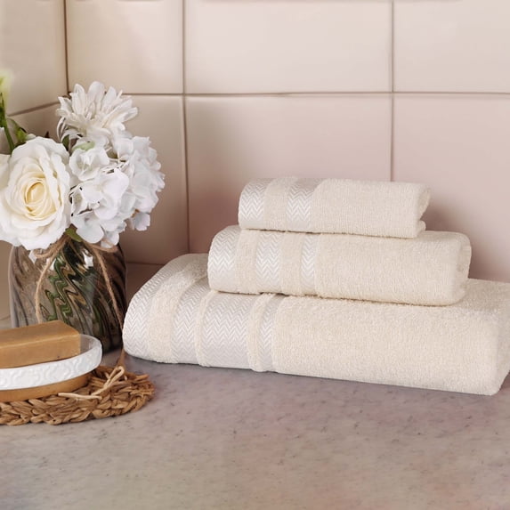 Superior Hays 3 Piece Cotton Plush Towel Set, Ultra Soft Absobent Towels, Ivory