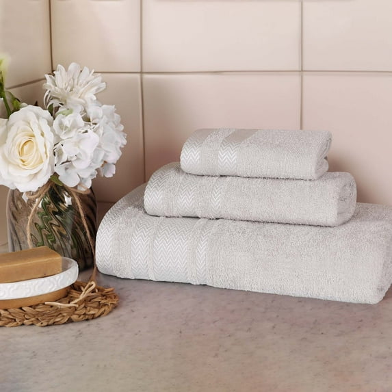 Superior Hays Cotton Plush Soft 3 Piece Towel Set, Platinum
