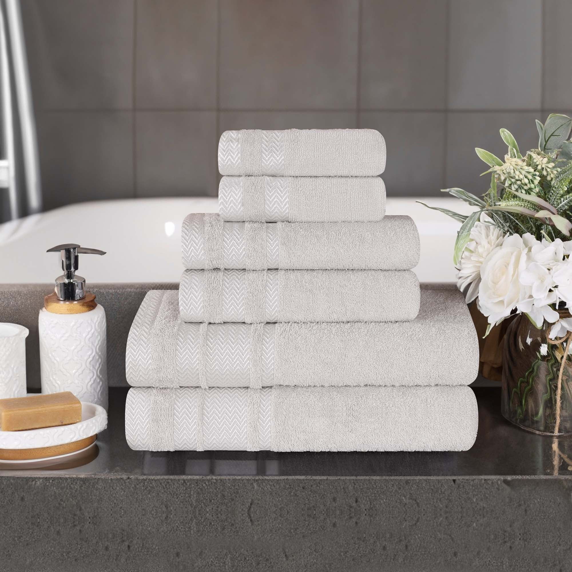 Superior Hays 6 Piece Cotton Plush Towel Set, Ultra Soft Absobent Towels, Platinum