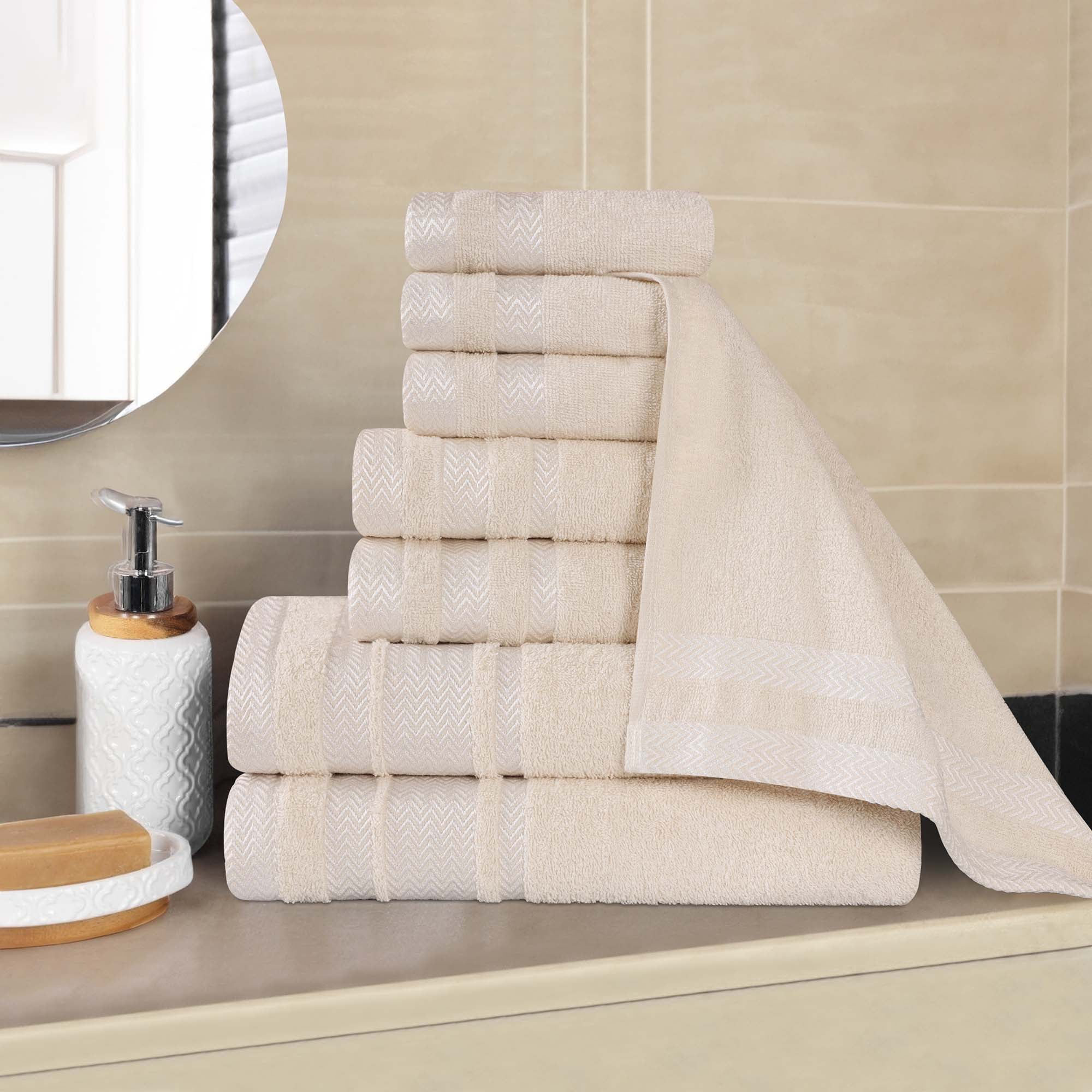 Ivory Cotton Plush 8 Piece Towel Set with Shiny Border