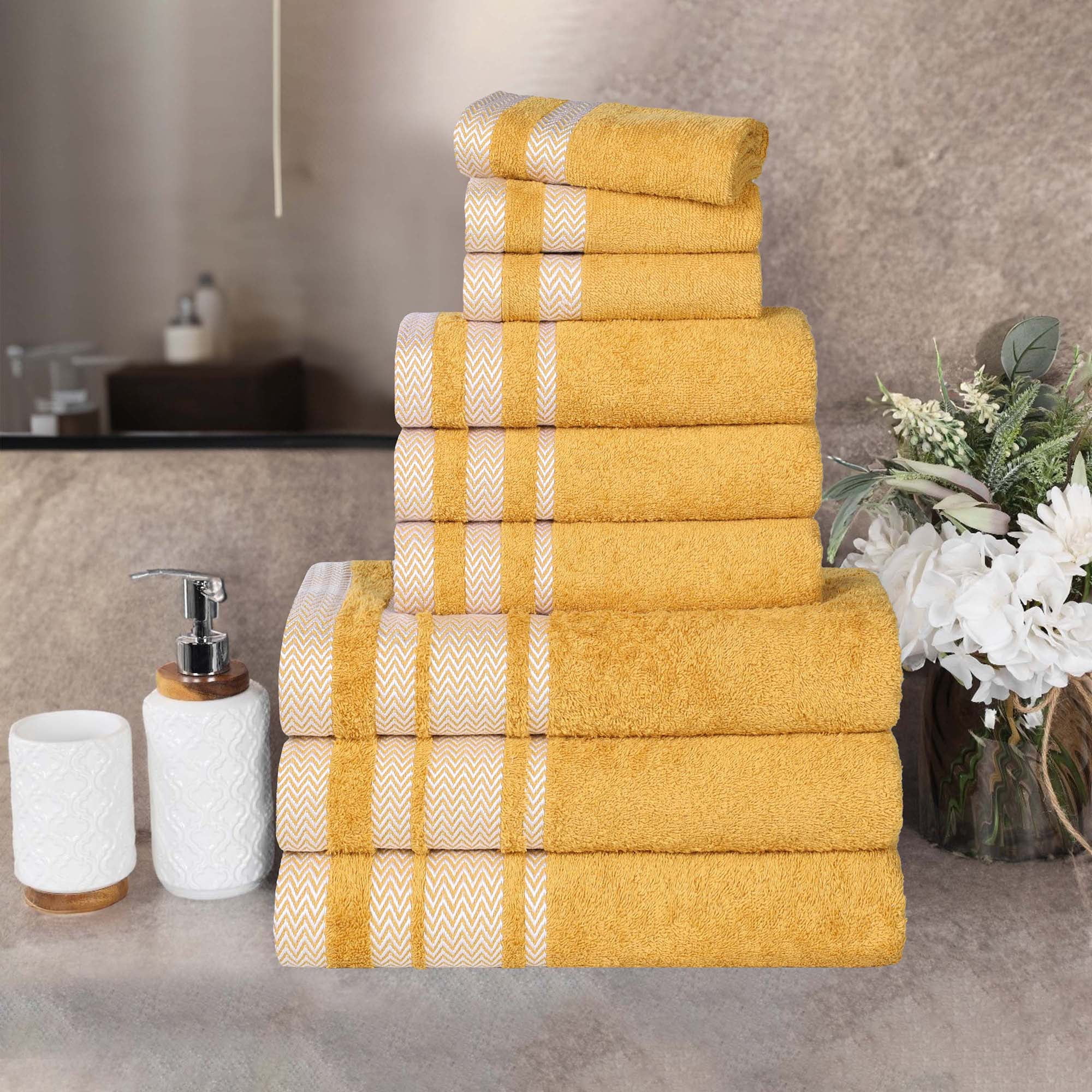 Superior Hays 9 Piece Cotton Plush Towel Set, Ultra Soft Absobent Towels, Gold