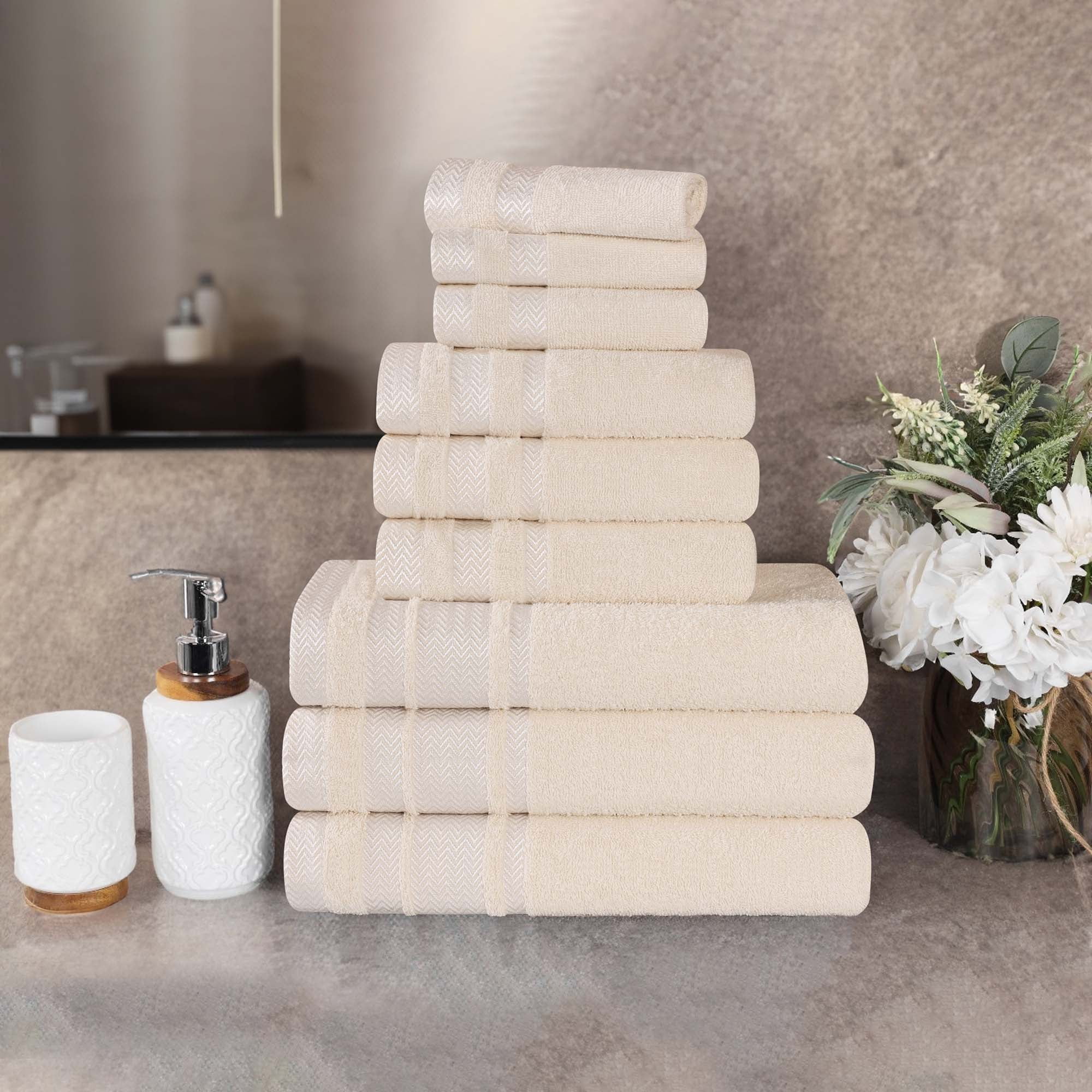 Superior Hays 9 Piece Cotton Plush Towel Set, Ultra Soft Absobent Towels, Ivory