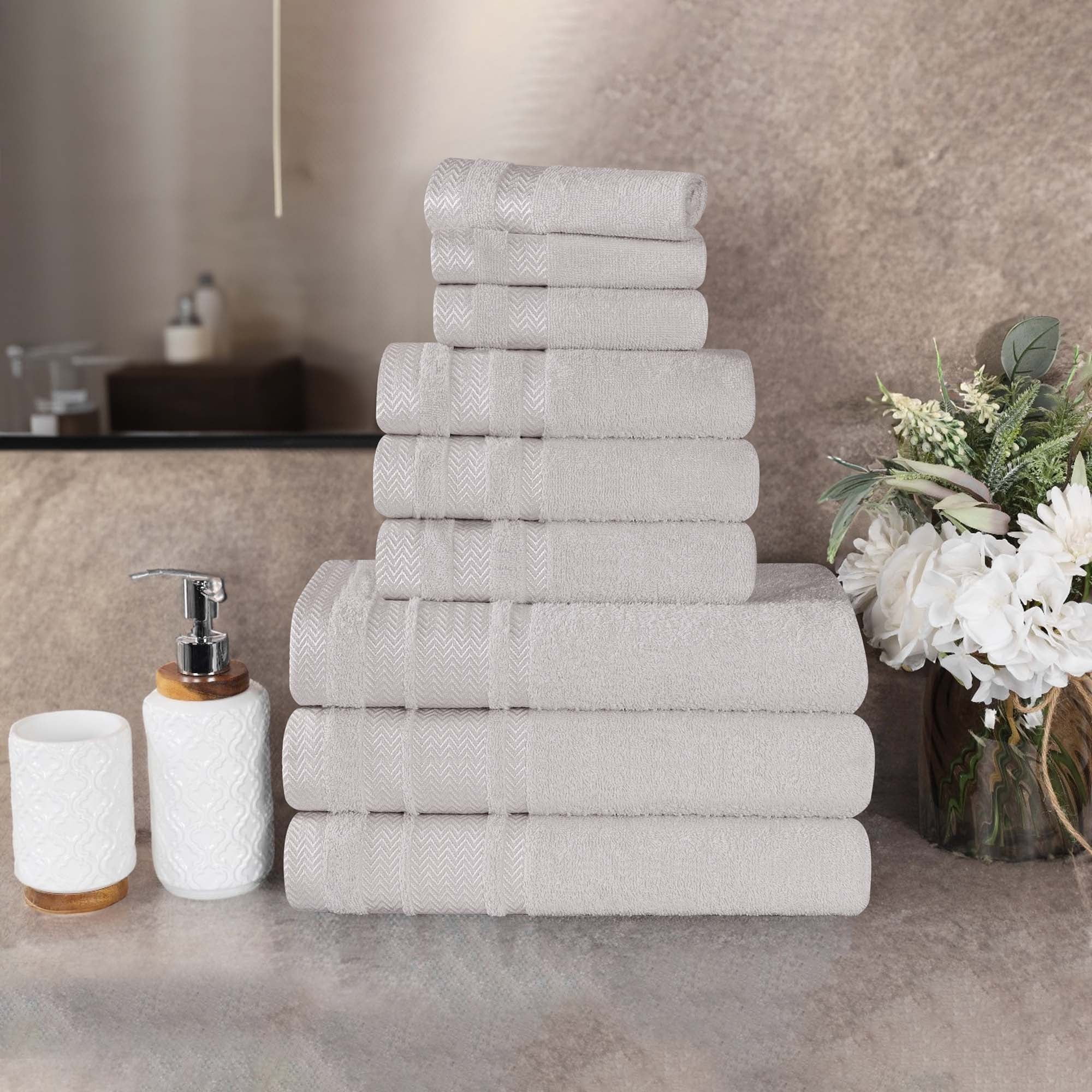 Superior Hays 9 Piece Cotton Plush Towel Set, Ultra Soft Absobent Towels, Platinum