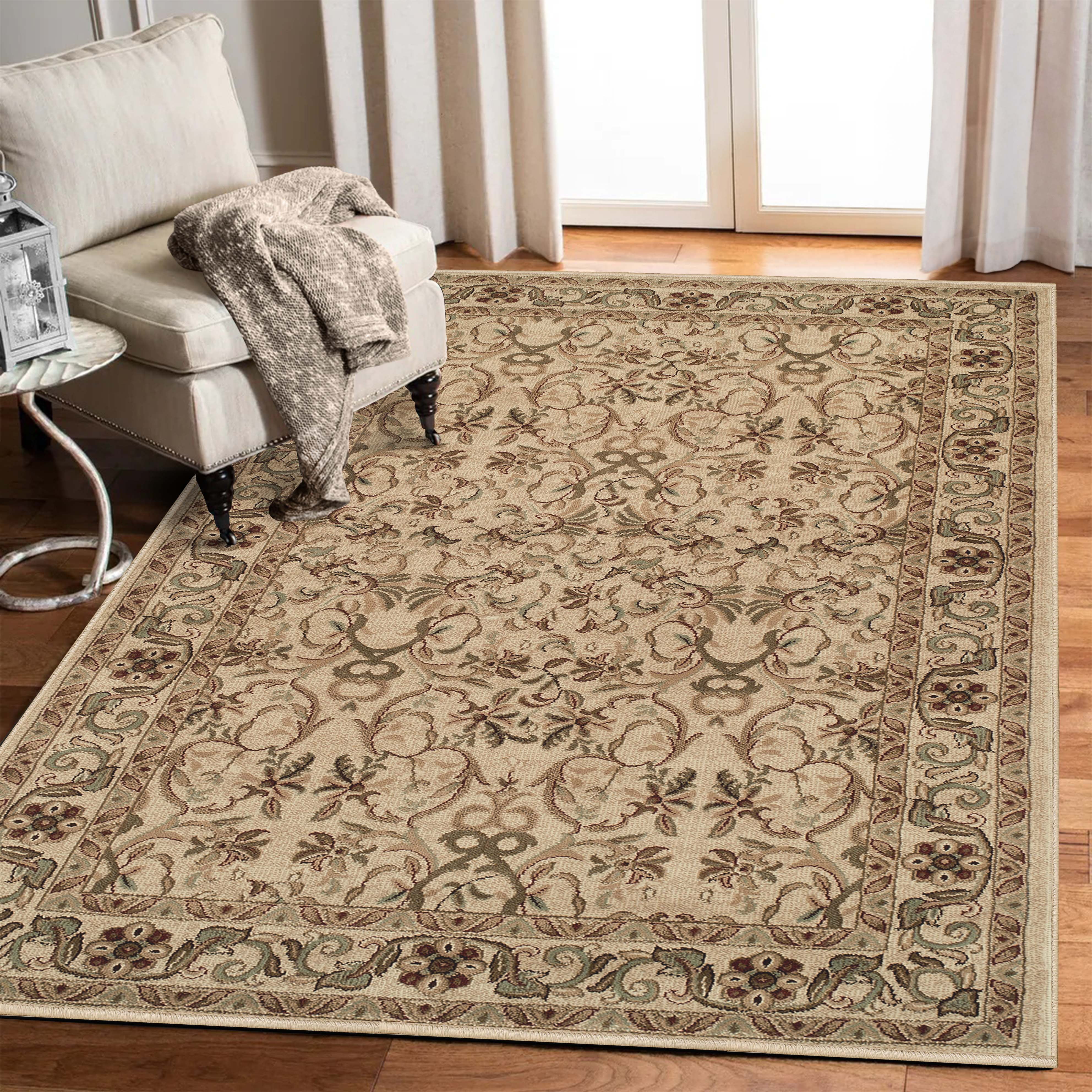 Ivory Traditional Floral Scroll 6' x 9' Area Rug with Jute Backing