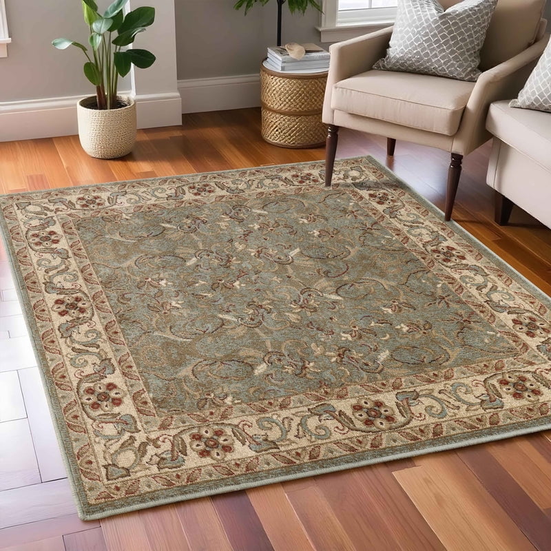 Ivory and Green Floral Synthetic Square Area Rug 8' x 8'
