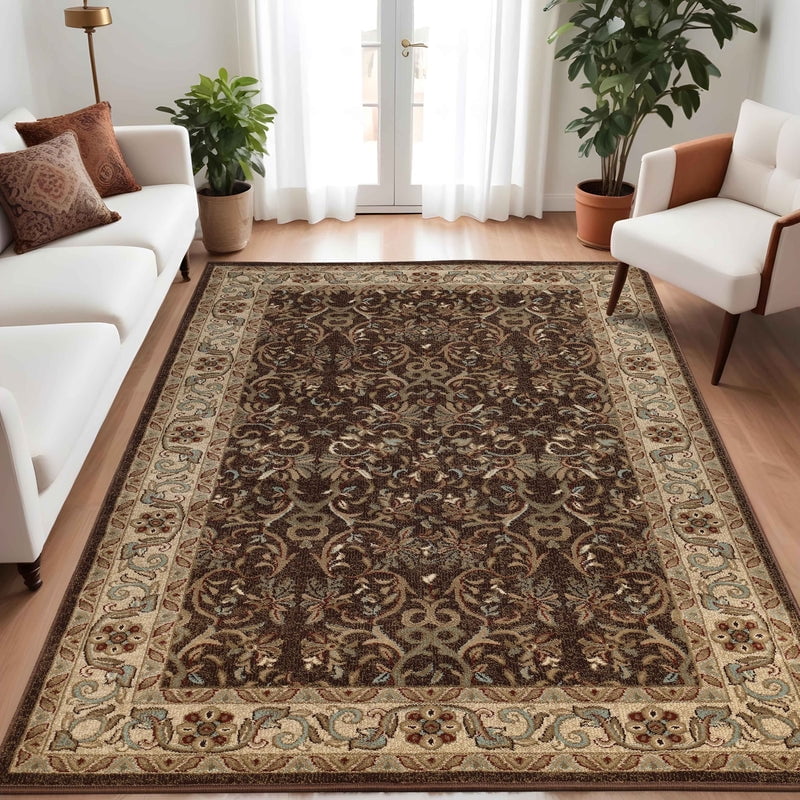 Mocha Floral Synthetic 8' x 10' Area Rug with Jute Backing