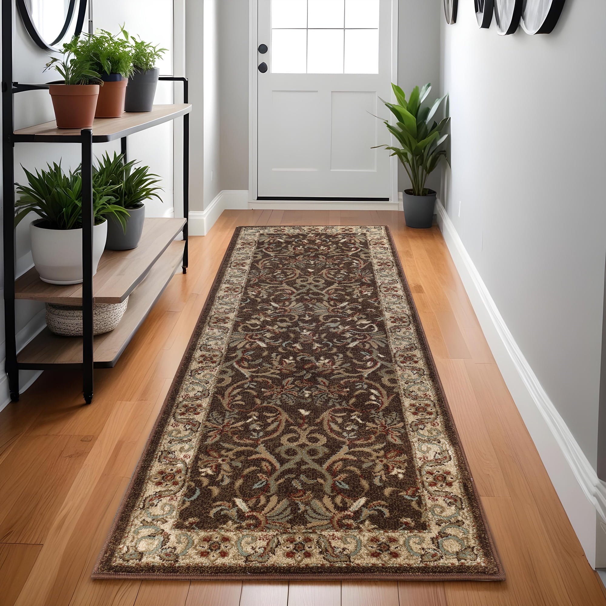 Mocha Floral Synthetic Easy Care Runner Rug, 2'7"x8'