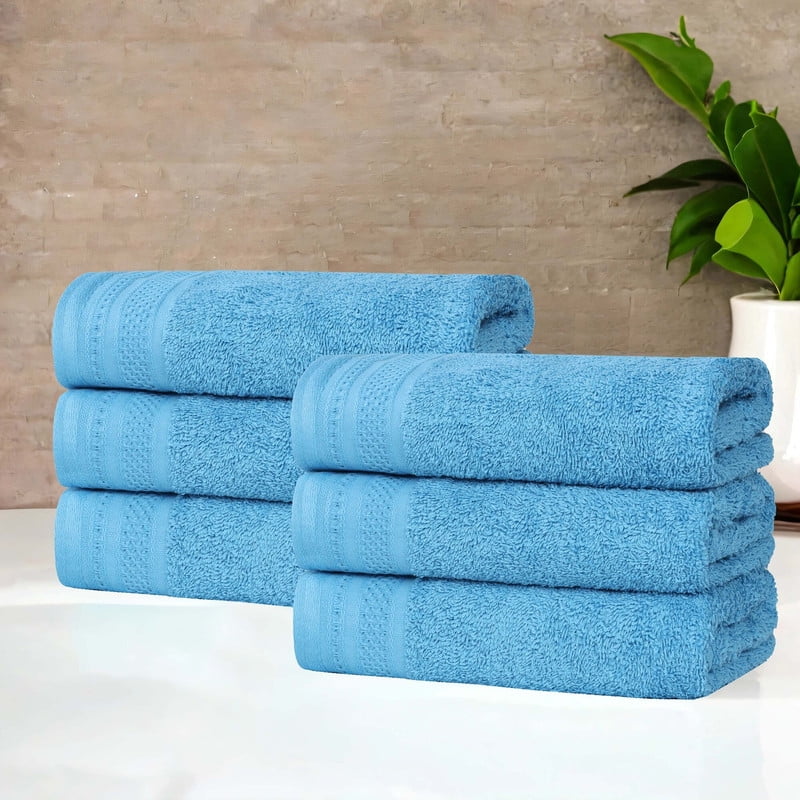 Azure Blue Honeycomb Cotton Hand Towels, Set of 6, 30" x 16"
