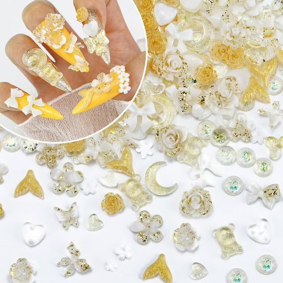 Superior Hub 320PCS Assorted Luxury Gold 3D Nail Charms, Cute Heart Star Bow Flower Bear Charms for Acrylic Nail Craft, Flatback Kawaii Y2K Rhinestone Charms for Manicure, Jewelry Making Supplies