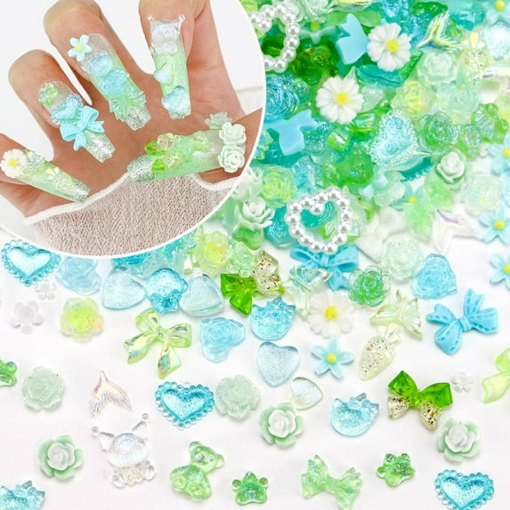 Superior Hub 320PCS Green Assorted 3D Nail Charms, Spring Flower Bow Charms for Nail Decoration, Flatback Kawaii Y2K Heart Star Charms for Nail DIY Crafts Resin Jewelry Supplies