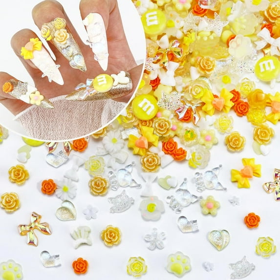 Superior Hub 320PCS Yellow Assorted 3D Nail Charms, Cute Flower Bow Charms for Acrylic Nail Decoration DIY Crafts, Flatback Kawaii Y2K Heart Star Nail Supplies Rhinestones