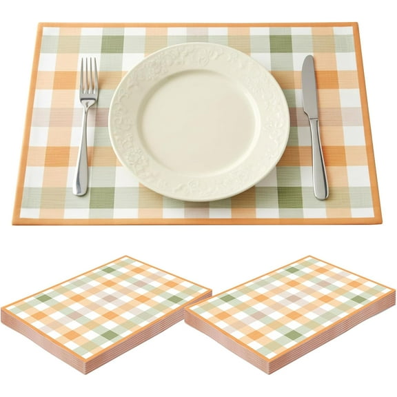 Superior Hub 50 Pcs Fall Gingham Paper Placemats 10 x 14 Inch Disposable Thanksgiving Scottish Plaid Table Place Mats Checkered Placemat for Autumn Thanksgiving Harvest Party Decoration