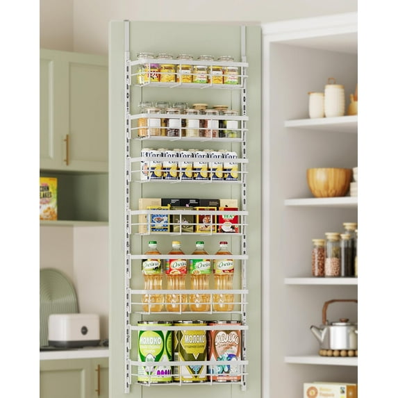 Superior Hub 6-Tier Adjustable Over the Door Pantry Organizer with 2 Sets Hooks Fits Most Doors, Hanging Spice Rack for Pantry Door Organizer And Storage, White