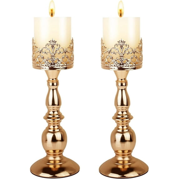 Superior Hub Candle Holders for Pillar Candles Gothic Matte Black Vintage Tall Candle Holders Set of 2 Decorative Large Table Centerpieces Candle Stand Decor (Gold 2PCS A)