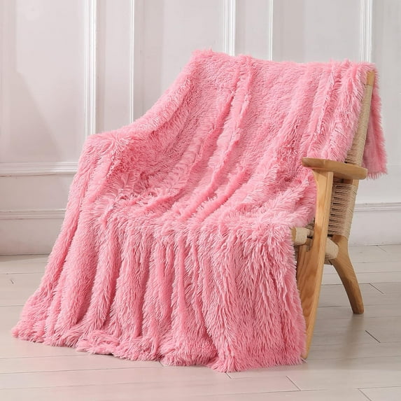 Superior Hub Decorative Extra Soft Faux Fur Blanket Queen Size 80" x 90",Solid Reversible Fuzzy Fluffy Cozy Plush Fleece Comfy Microfiber Fur Blanket for Couch Sofa Bed,Pink