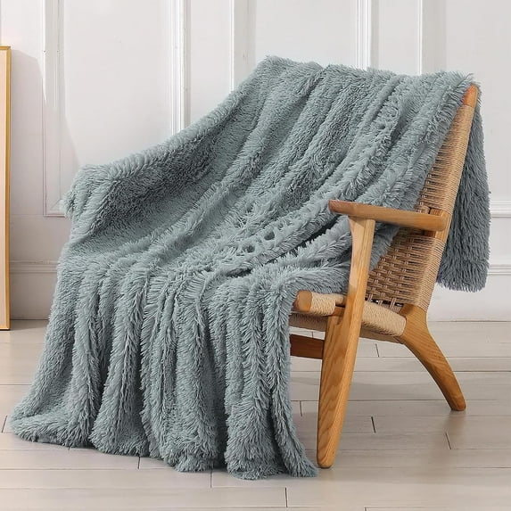 Superior Hub Decorative Extra Soft Faux Fur Blanket Queen Size 80"x90",Solid Reversible Fuzzy Fluffy Cozy Plush Fleece Comfy Microfiber Fur Blanket for Couch Sofa Bed,Gray Blue