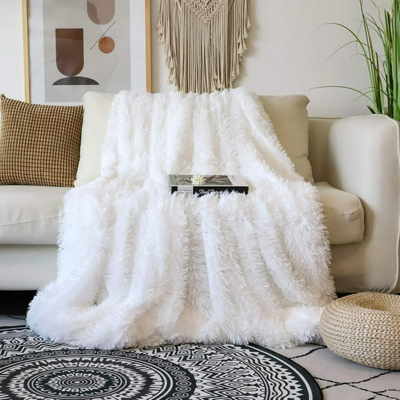 Superior Hub Decorative Extra Soft Faux Fur Blanket Queen Size 80"x90",Solid Reversible Fuzzy Fluffy Plush Fur Blanket for Couch Sofa Bed,Pure White