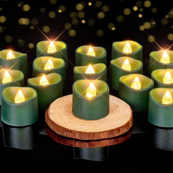 Superior Hub Green Tea Lights Candles Battery Operated, 200+Hour Flameless Flickering Fake Electric LED Colored Tealights Candles for Christmas, Theme Party, Seasonal Celebrations, 12-Pack
