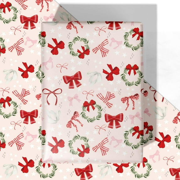 Superior Hub Pink Christmas Bow Wrapping Paper - 4 Jumbo Sheets, 28 * 40 Inches - Red Bow Wreath Xmas Gift Wrapping Paper, Perfect for Girls Women Christmas' Gift and Winter