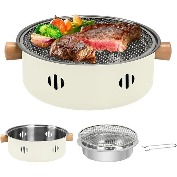 Superior Hub Portable Charcoal Barbecue Grill, 1pc Mini BBQ Grill Multifunctional Charcoal Grill Smokeless Round Tabletop Charcoal Grill for Indoor Outdoor Cooking Home Party Picnic Camping (Beige)