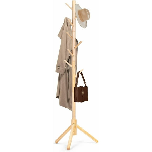 Superior Hub Solid Wooden Coat Rack Freestanding, New Zealand Pine Coat Tree with 8 Hooks & 3 Adjustable Sizes for Coats, Hats, Handbags and Scarves, Space Saving for Entryway/Office/Bedroom (Nature)