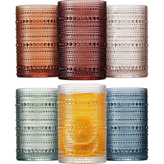 Superior HubColored Hobnail Drinking Glasses Set of 6,12oz Vintage Kitchen Glassware,Embossed Beaded Glass Cups,Water Glasses,Beaded Colorful Water Tumbler for Cocktail,Juice and Various Mixed Drinks