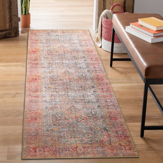 Superior Huda Rustic Oriental Indoor Runner Rug,2' 6" x 7' 6", Ruby Red