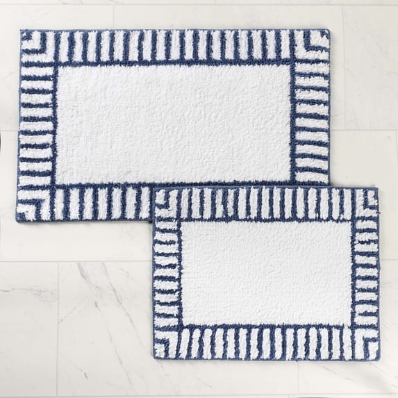 Superior Inaya Striped Shag Washable Bath Rug, Set of 2, Large, White/Navy Blue