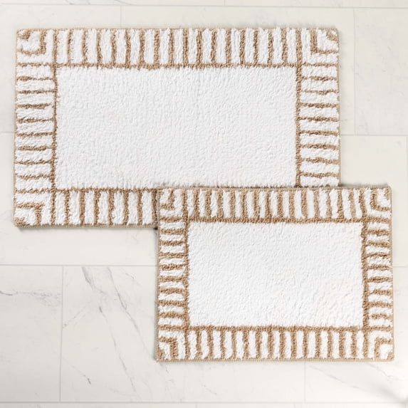 Superior Inaya Striped Shag Washable Bath Rug, Set of 2, Medium, White/Beige