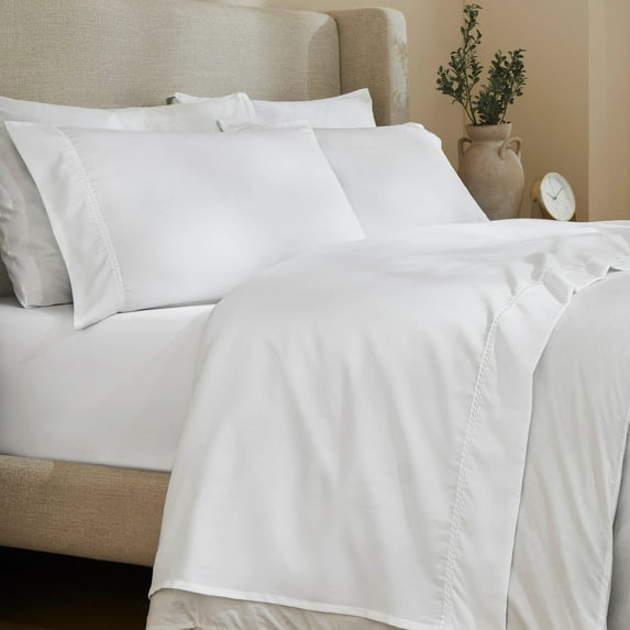 Superior Cotton Blend 600 Thread Count Dash Stitch Hem Sheet Set, Full, White