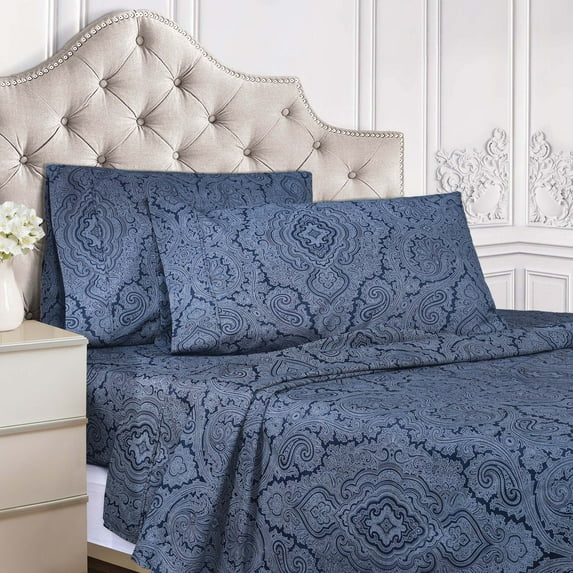 Superior Italian Paisley Cotton Blend Classic Sheet Set, Twin, Navy Blue