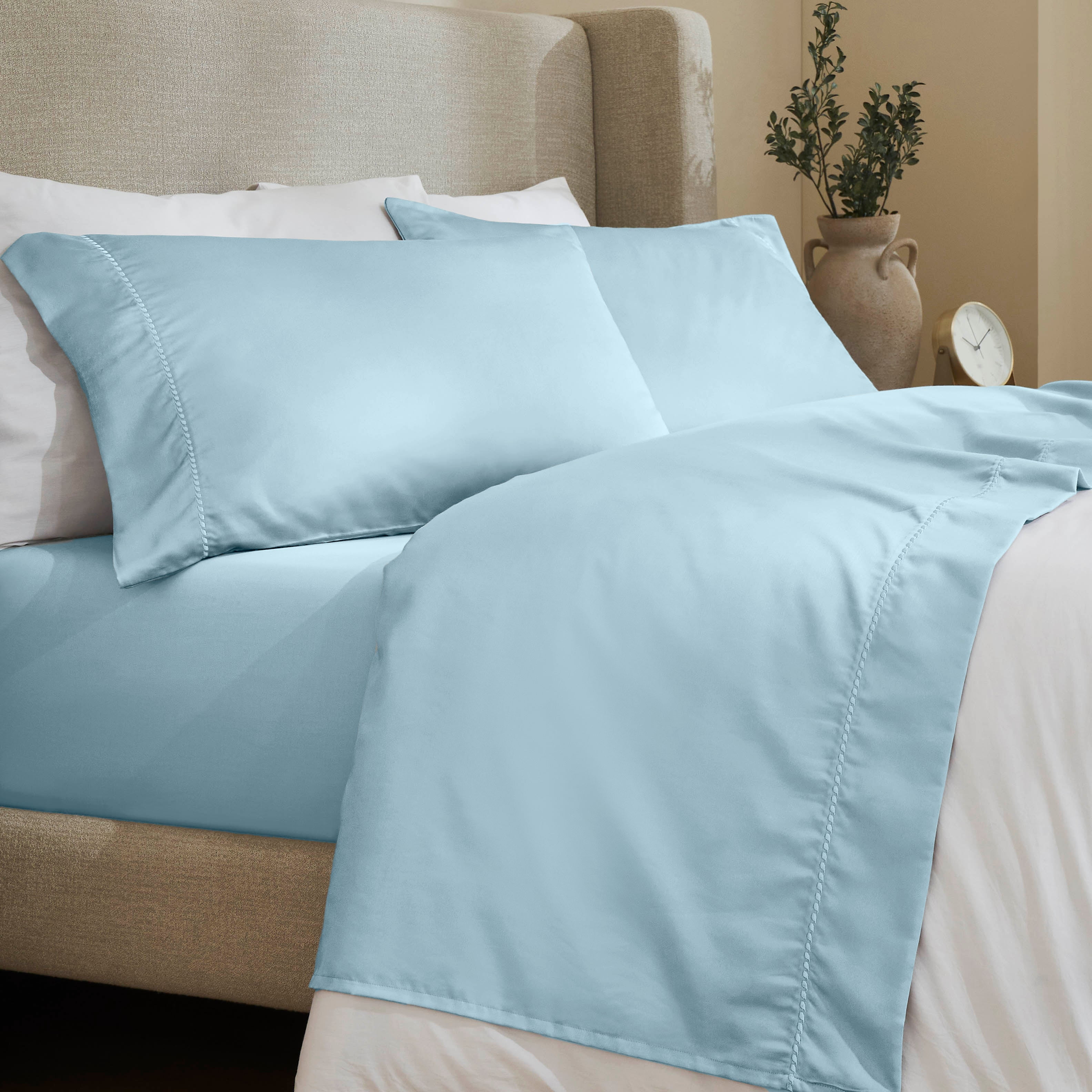 Superior Cotton Blend 600 Thread Count Dash Stitch Hem Sheet Set, Twin XL, Blue