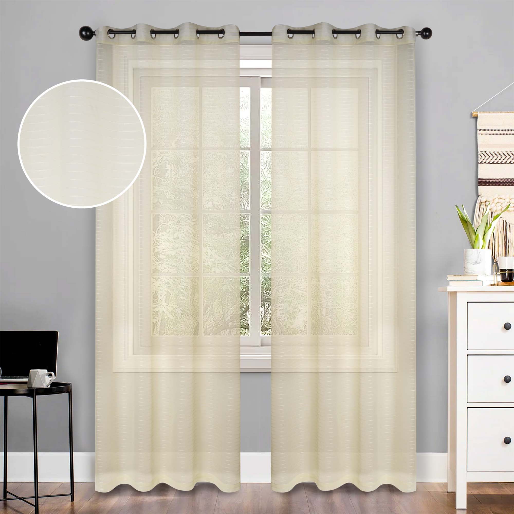Superior Jackson Stripe Sheer Curtain Grommet Curtain Panel Set, 52" x 108", Ivory