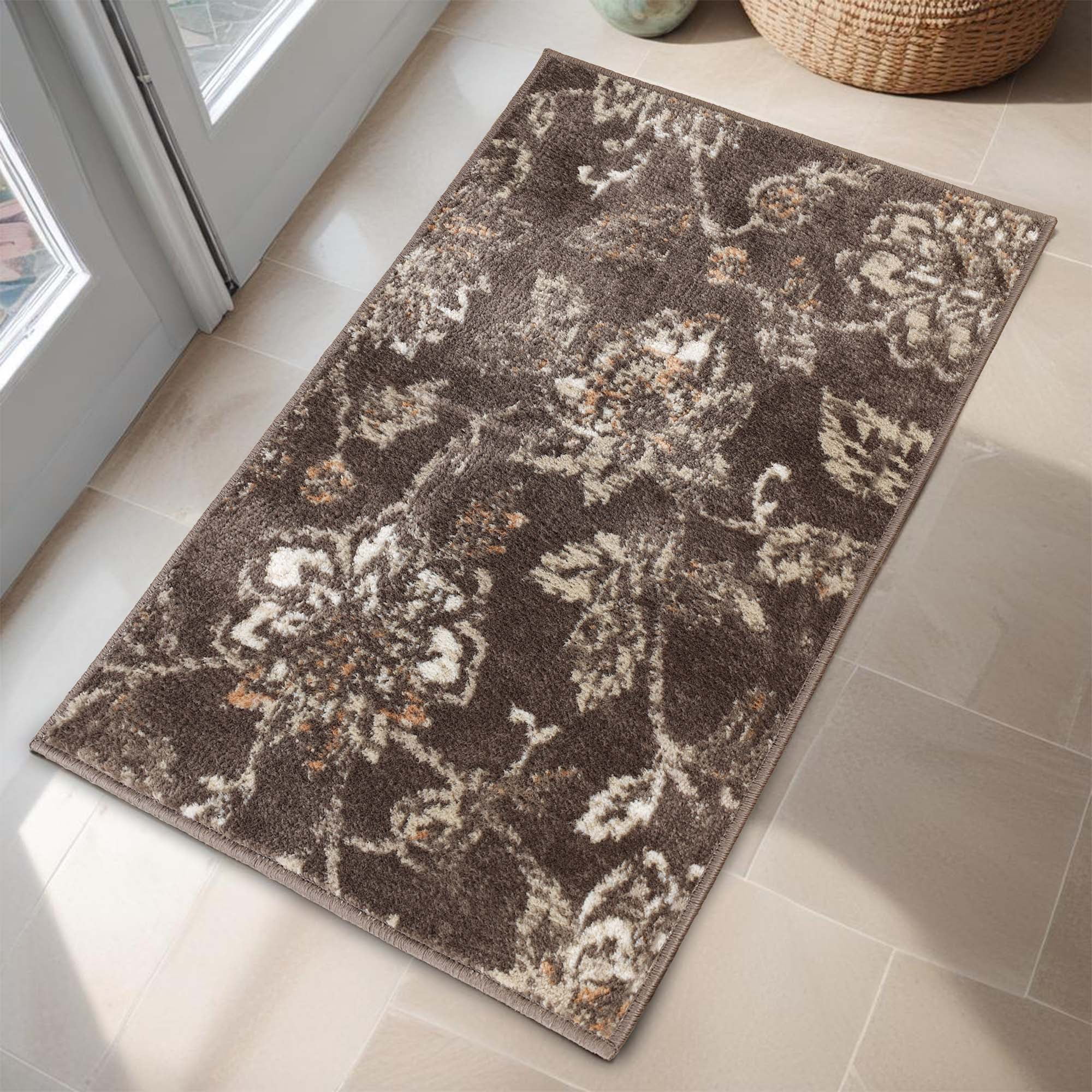 Taupe Floral Stain-Resistant Synthetic Area Rug, 3' x 5'