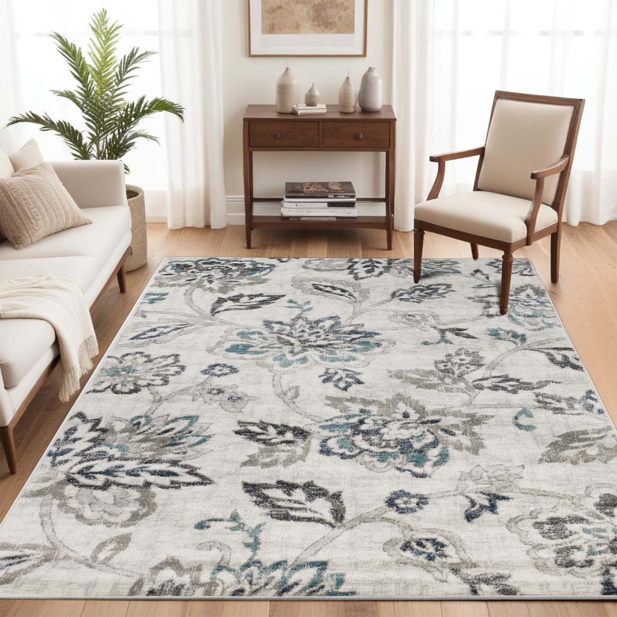 Elegant Jacobean Floral Washable Area Rug, Blue, 4' x 6'