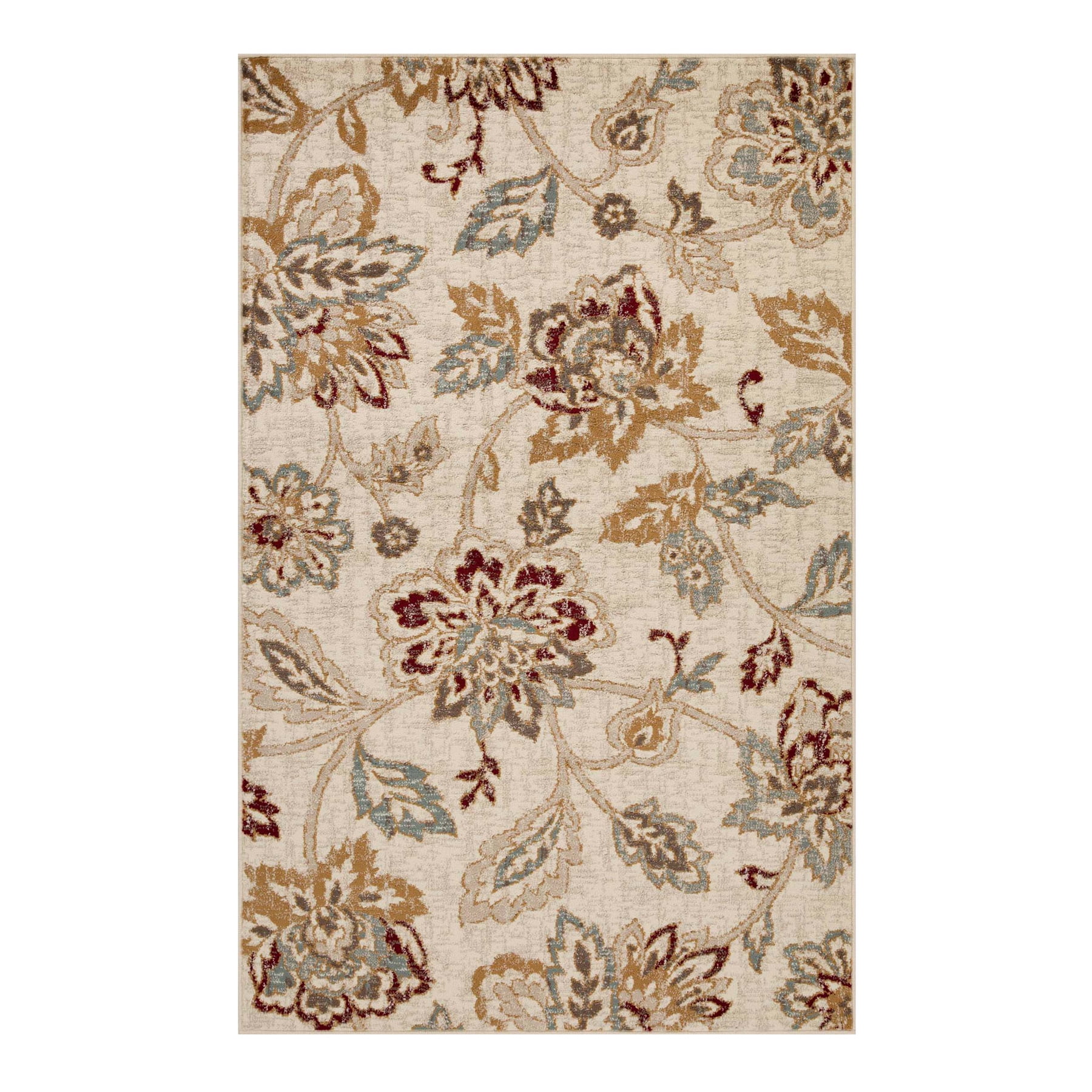 Elegant Jacobean Floral Washable Area Rug, Blue, 4' x 6'