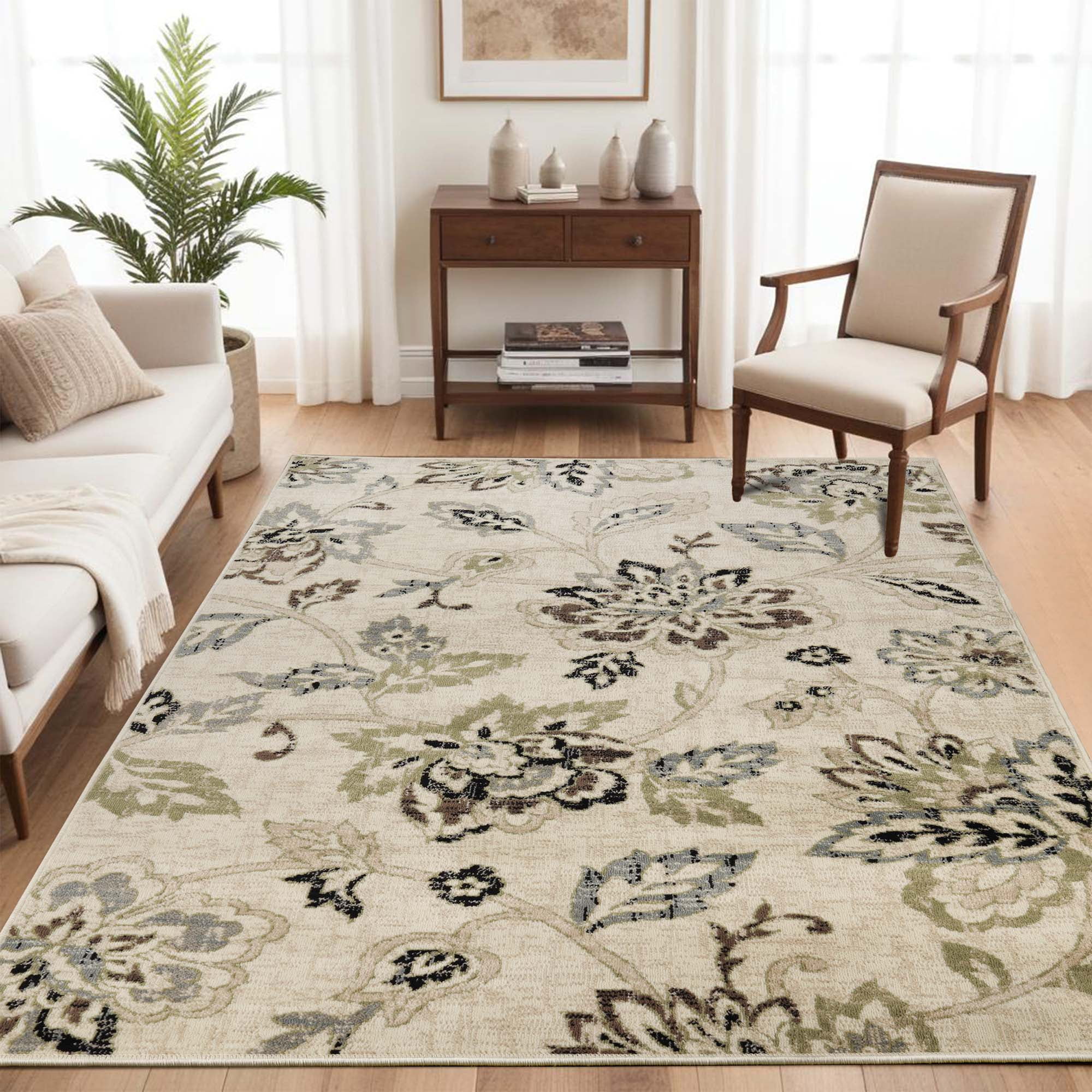 Condell Beige Floral Synthetic 9'x7' Indoor Area Rug