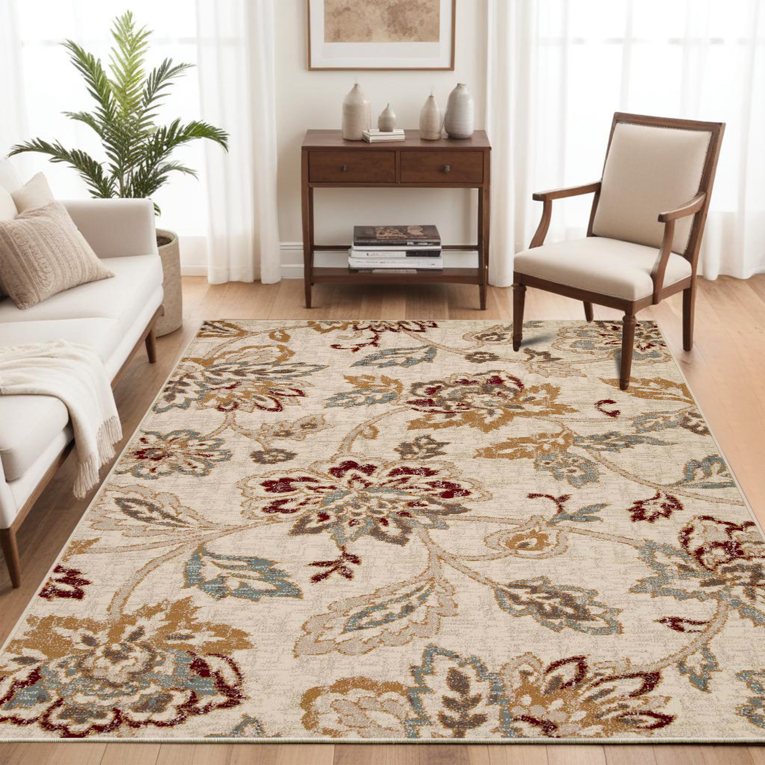 Condell Stone Floral 7' x 9' Stain-Resistant Synthetic Area Rug